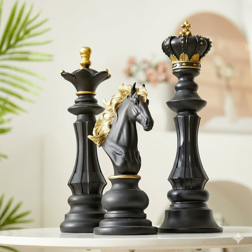 3 Pcs | Large Chess Piece | Statue Set | King Queen Knight