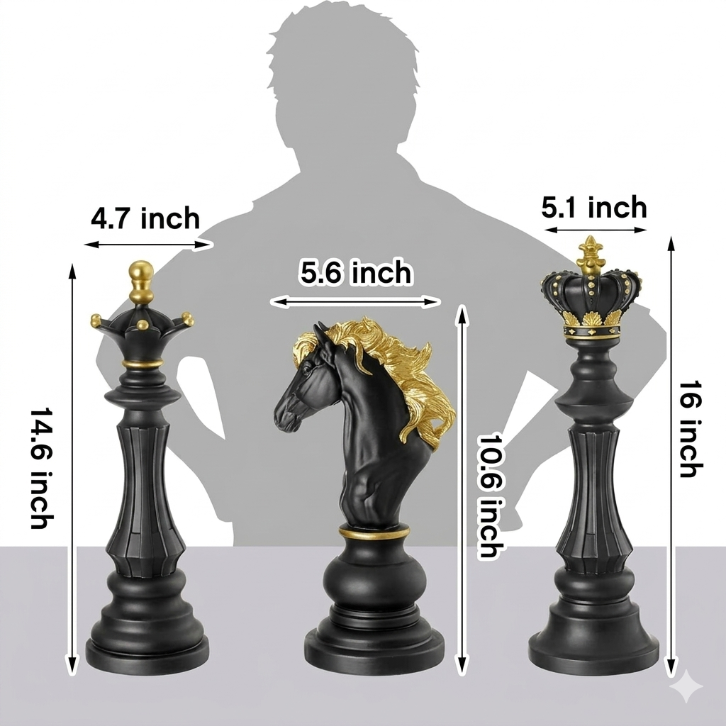 3 Pcs | Large Chess Piece | Statue Set | King Queen Knight