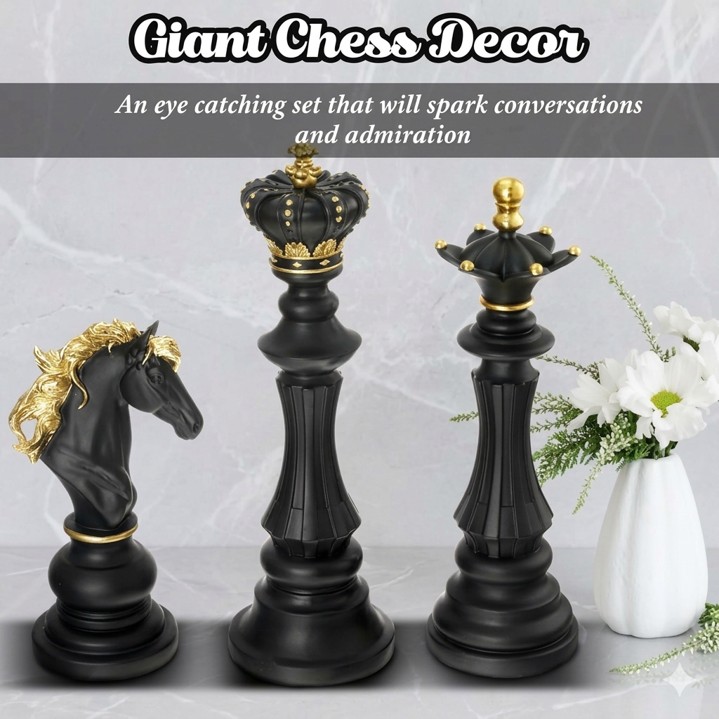 3 Pcs | Large Chess Piece | Statue Set | King Queen Knight