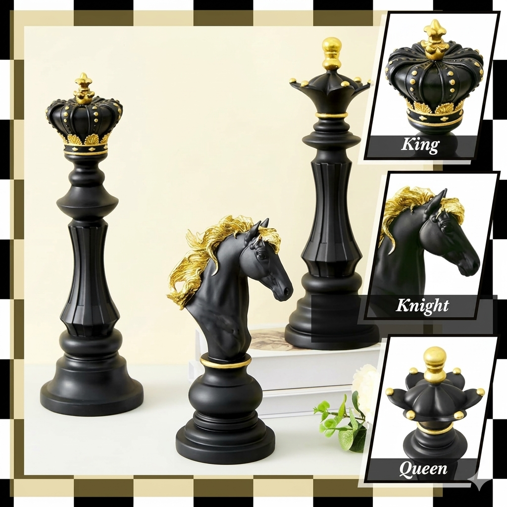 3 Pcs | Large Chess Piece | Statue Set | King Queen Knight