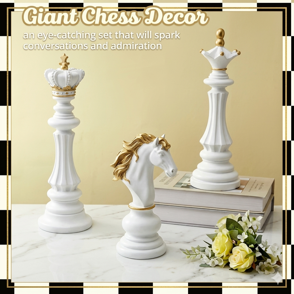 3 Pcs  | Large Chess Piece Statue Set | King Queen Knight